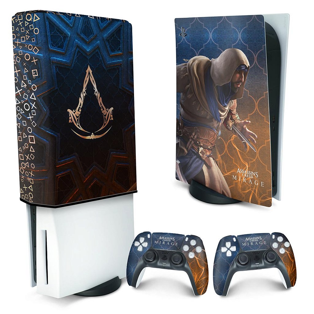 KIT Capa Anti Poeira e Skin Anti-Rage PS5 Fat Vertical - Assassin's Creed Mirage