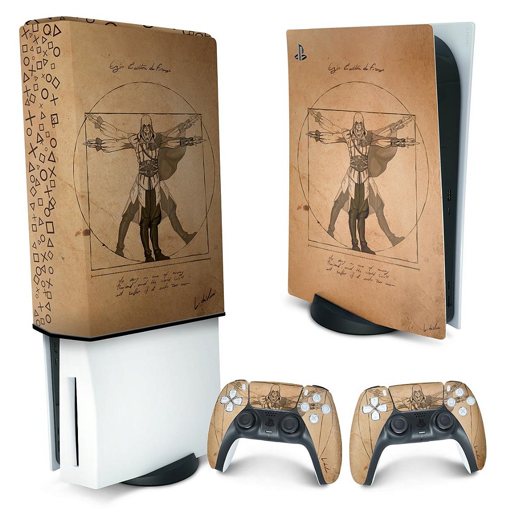 KIT Capa Anti Poeira e Skin Anti-Rage PS5 Fat Vertical - Assassin’S Creed Vitruviano