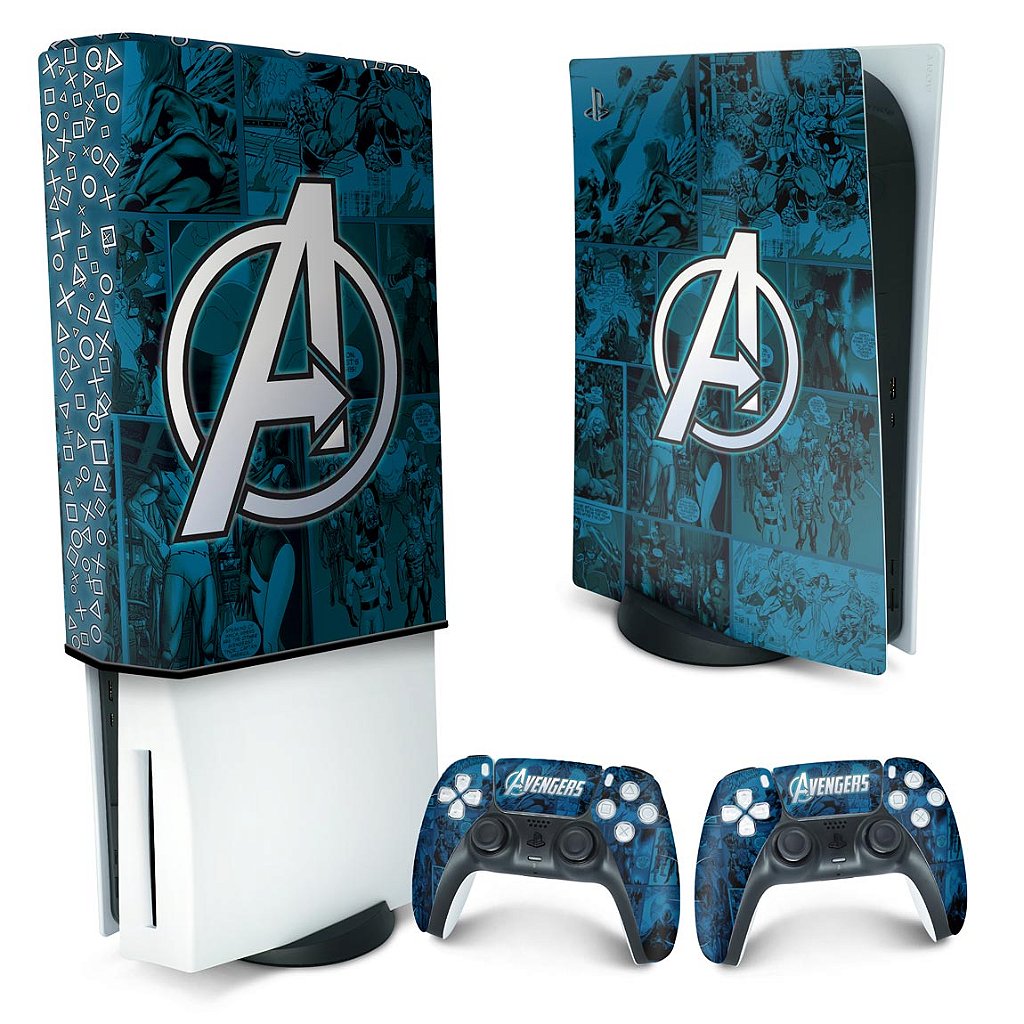 KIT Capa Anti Poeira e Skin Anti-Rage PS5 Fat Vertical - Avengers Vingadores Comics