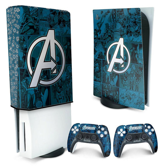 KIT Capa Anti Poeira e Skin Anti-Rage PS5 Fat Vertical - Avengers Vingadores Comics