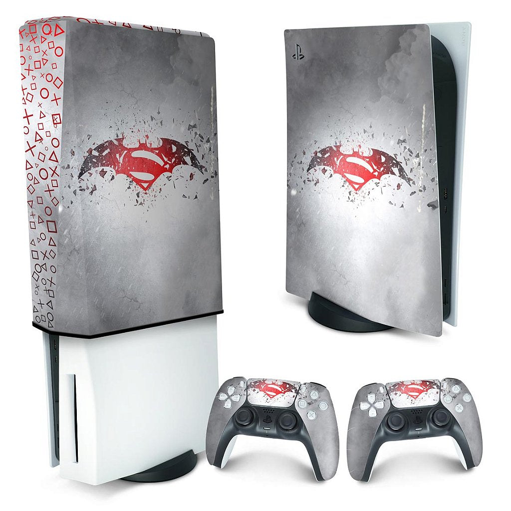 KIT Capa Anti Poeira e Skin Anti-Rage PS5 Fat Vertical - Batman Vs Superman Logo - Pop Arte Skins