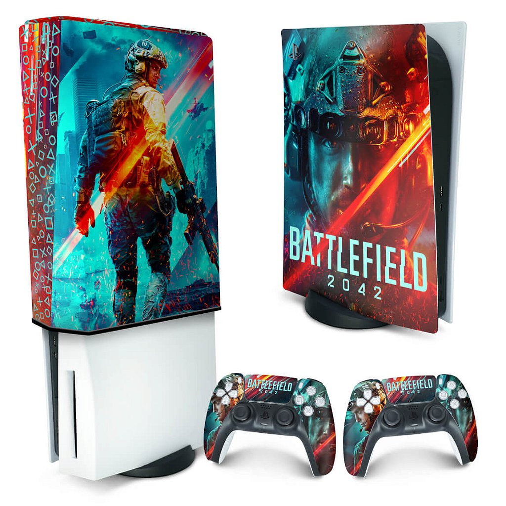 KIT Capa Anti Poeira e Skin Anti-Rage PS5 Fat Vertical - Battlefield 2042