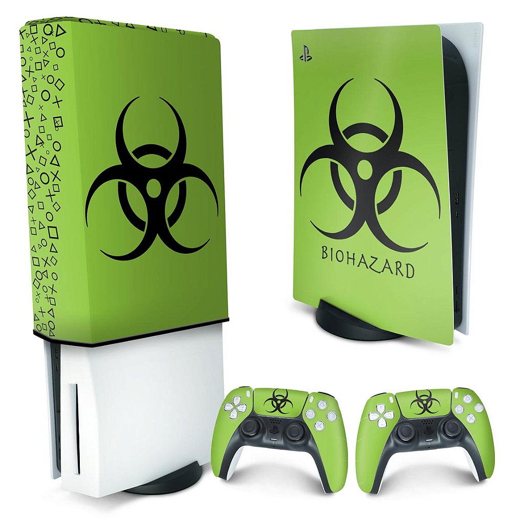 KIT Capa Anti Poeira e Skin Anti-Rage PS5 Fat Vertical - Biohazard Radioativo