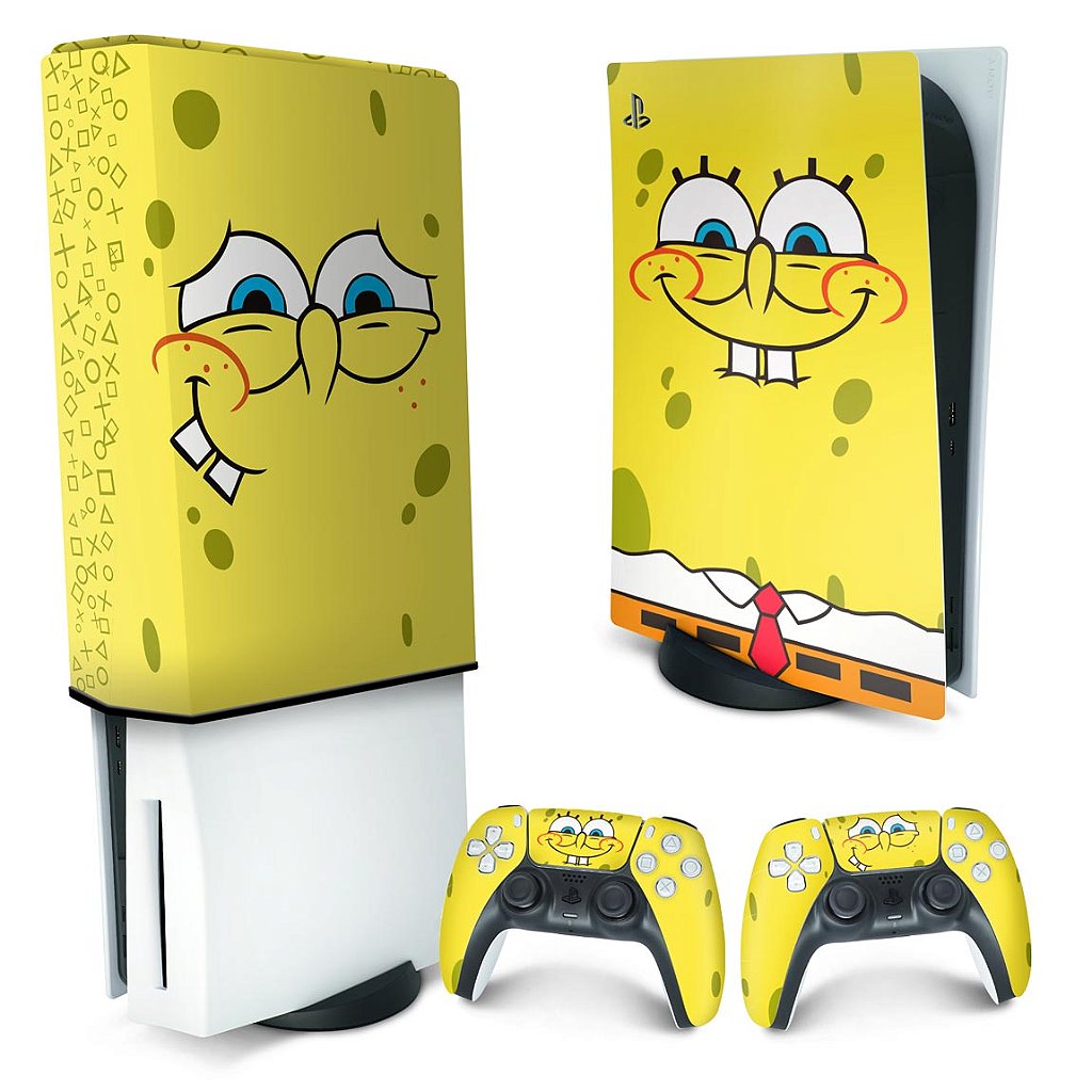 KIT Capa Anti Poeira e Skin Anti-Rage PS5 Fat Vertical - Bob Esponja - Pop Arte Skins