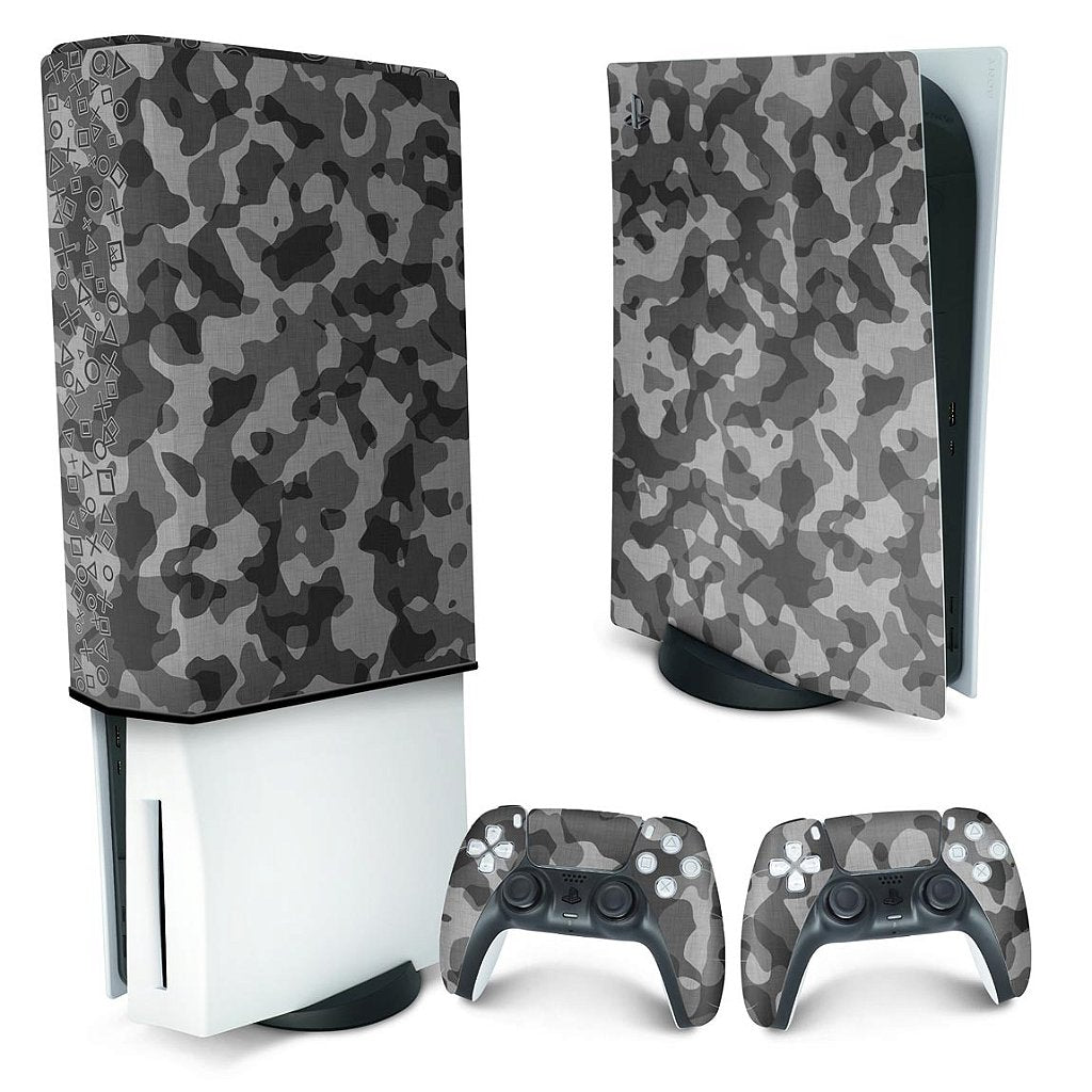 KIT Capa Anti Poeira e Skin Anti-Rage PS5 Fat Vertical - Camuflado Cinza