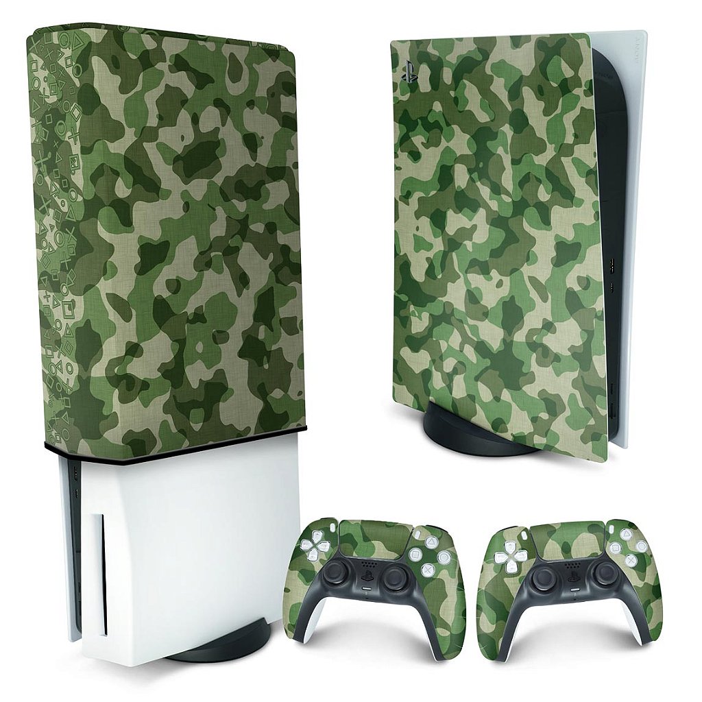 KIT Capa Anti Poeira e Skin Anti-Rage PS5 Fat Vertical - Camuflado Verde