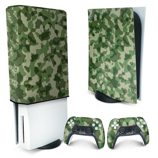 KIT Capa Anti Poeira e Skin Anti-Rage PS5 Fat Vertical - Camuflado Verde
