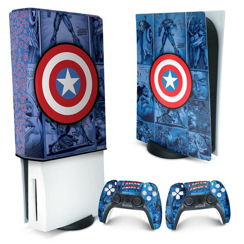 KIT Capa Anti Poeira e Skin Anti-Rage PS5 Fat Vertical - Capitão América Comics