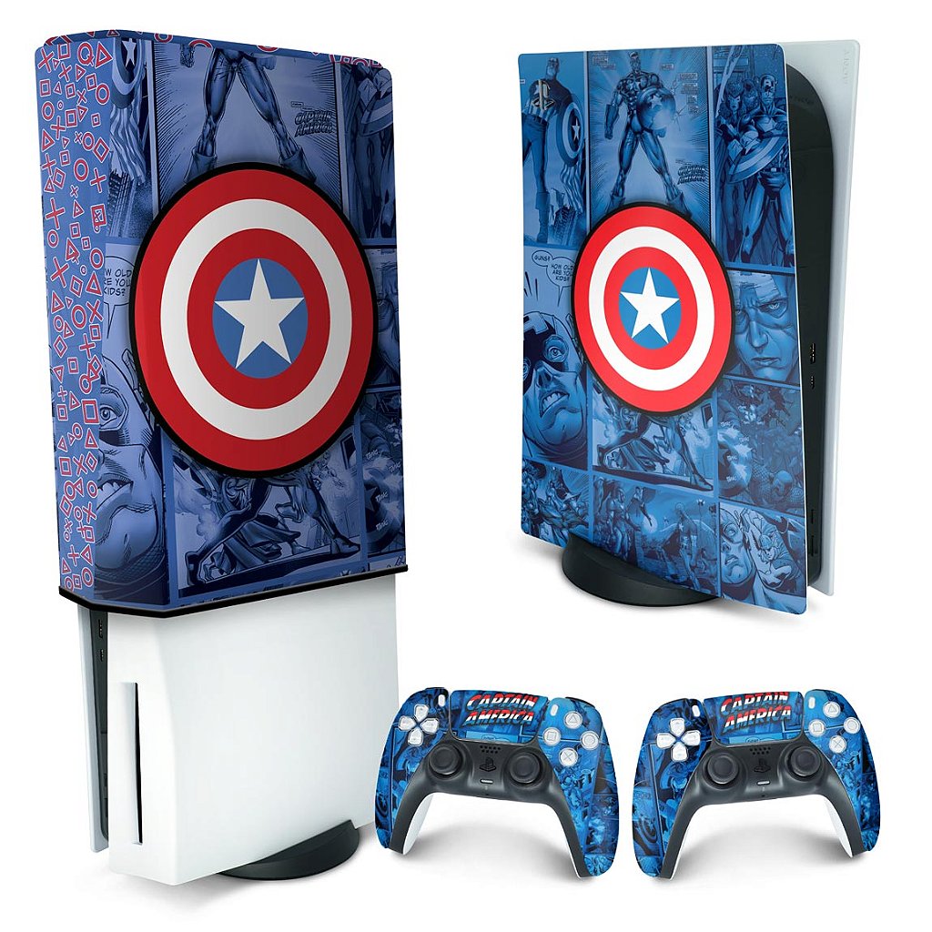 KIT Capa Anti Poeira e Skin Anti-Rage PS5 Fat Vertical - Capitão América Comics