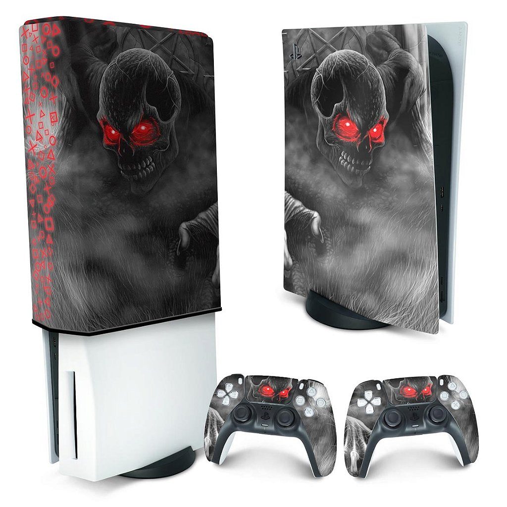 KIT Capa Anti Poeira e Skin Anti-Rage PS5 Fat Vertical - Caveira Skull - Pop Arte Skins