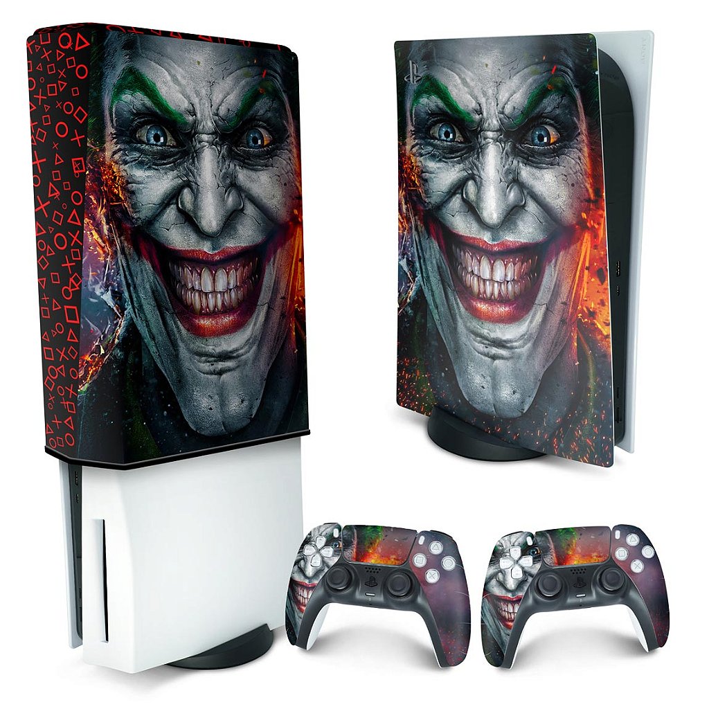 KIT Capa Anti Poeira e Skin Anti-Rage PS5 Fat Vertical - Coringa Joker - Pop Arte Skins