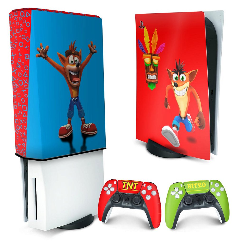 KIT Capa Anti Poeira e Skin Anti-Rage PS5 Fat Vertical - Crash Bandicoot - Pop Arte Skins
