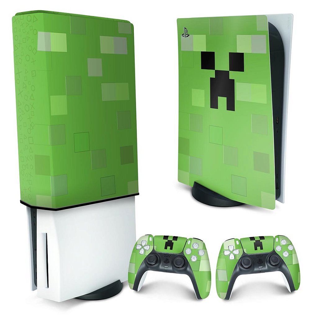 KIT Capa Anti Poeira e Skin Anti-Rage PS5 Fat Vertical - Creeper Minecraft