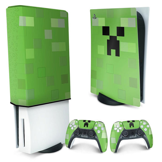 KIT Capa Anti Poeira e Skin Anti-Rage PS5 Fat Vertical - Creeper Minecraft