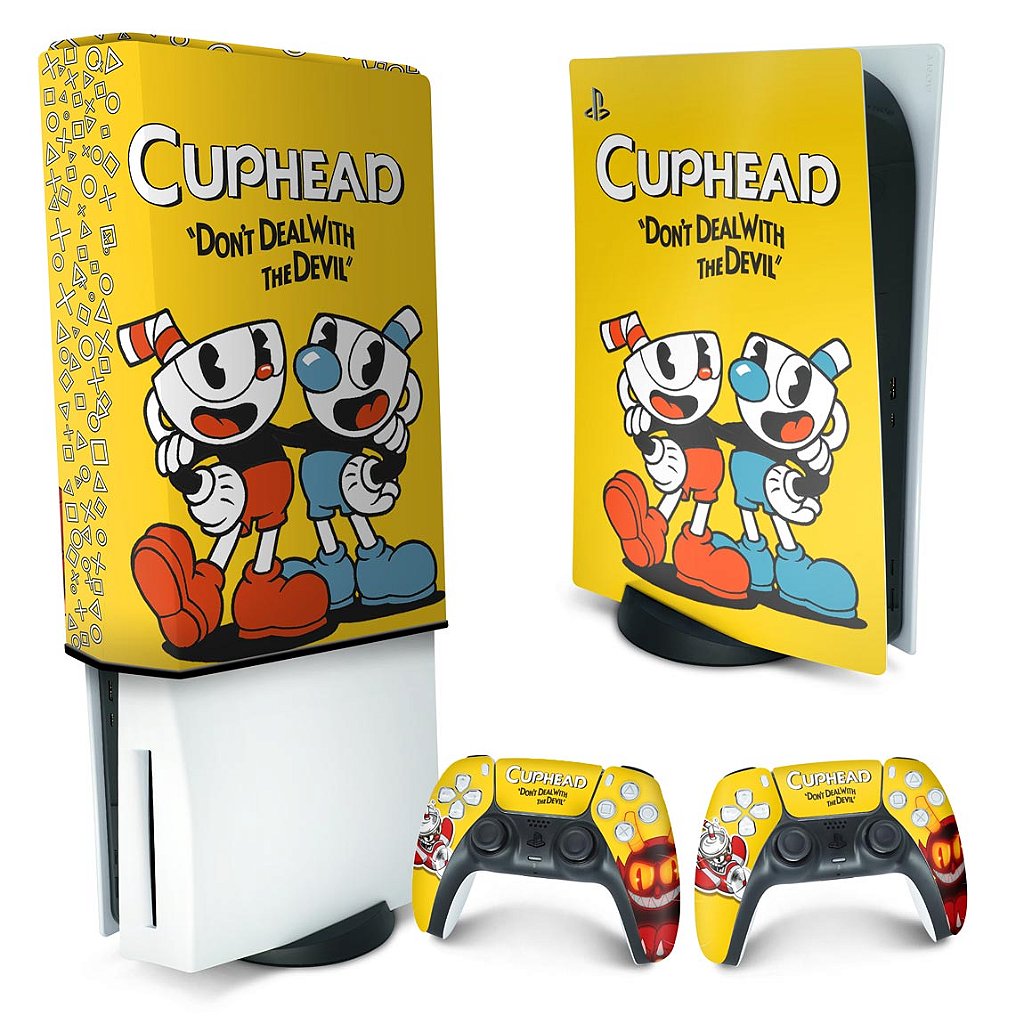 KIT Capa Anti Poeira e Skin Anti-Rage PS5 Fat Vertical - Cuphead