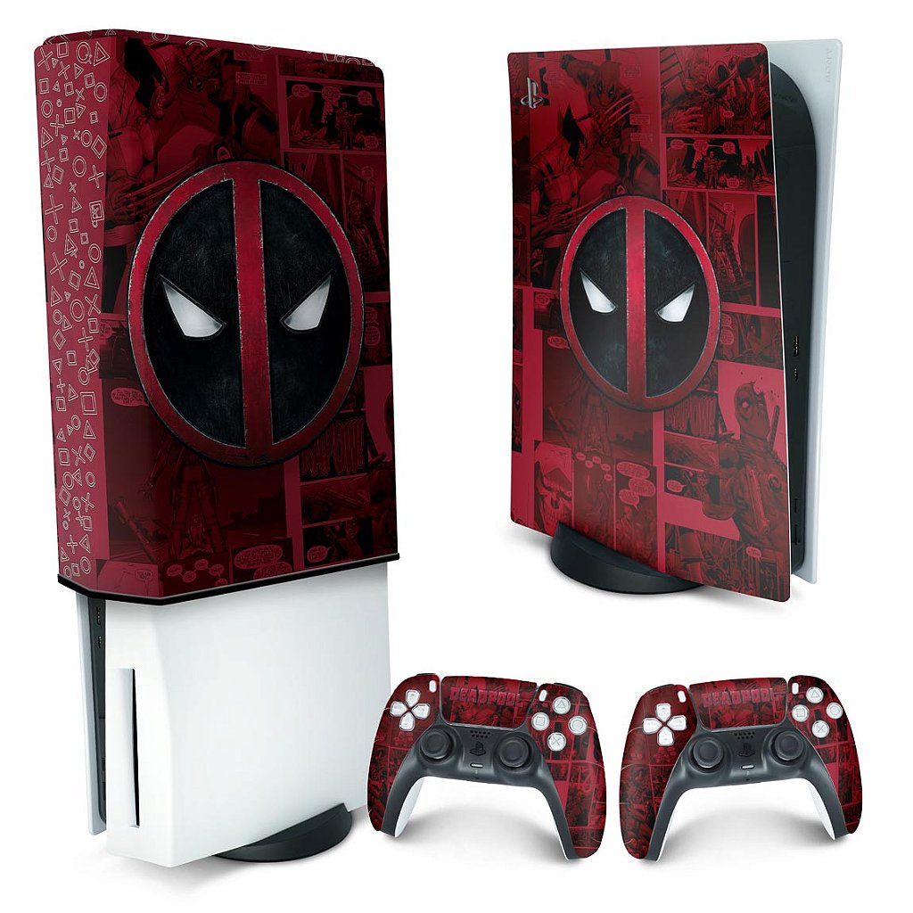 KIT Capa Anti Poeira e Skin Anti-Rage PS5 Fat Vertical - Deadpool Comics