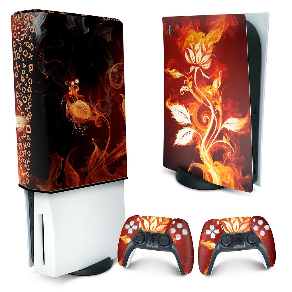 KIT Capa Anti Poeira e Skin Anti-Rage PS5 Fat Vertical - Fire Flower - Pop Arte Skins