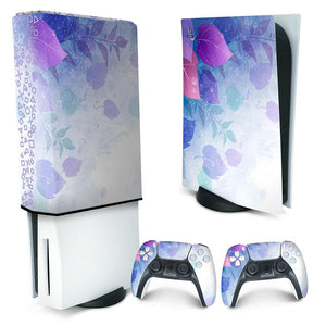 KIT Capa Anti Poeira e Skin Anti-Rage PS5 Fat Vertical - Folhas Lilás - Pop Arte Skins