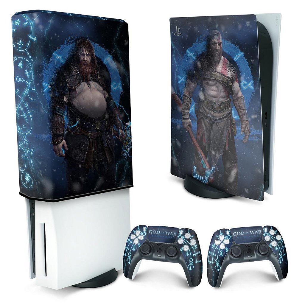 KIT Capa Anti Poeira e Skin Anti-Rage PS5 Fat Vertical - God of War Ragnarok B - Pop Arte Skins