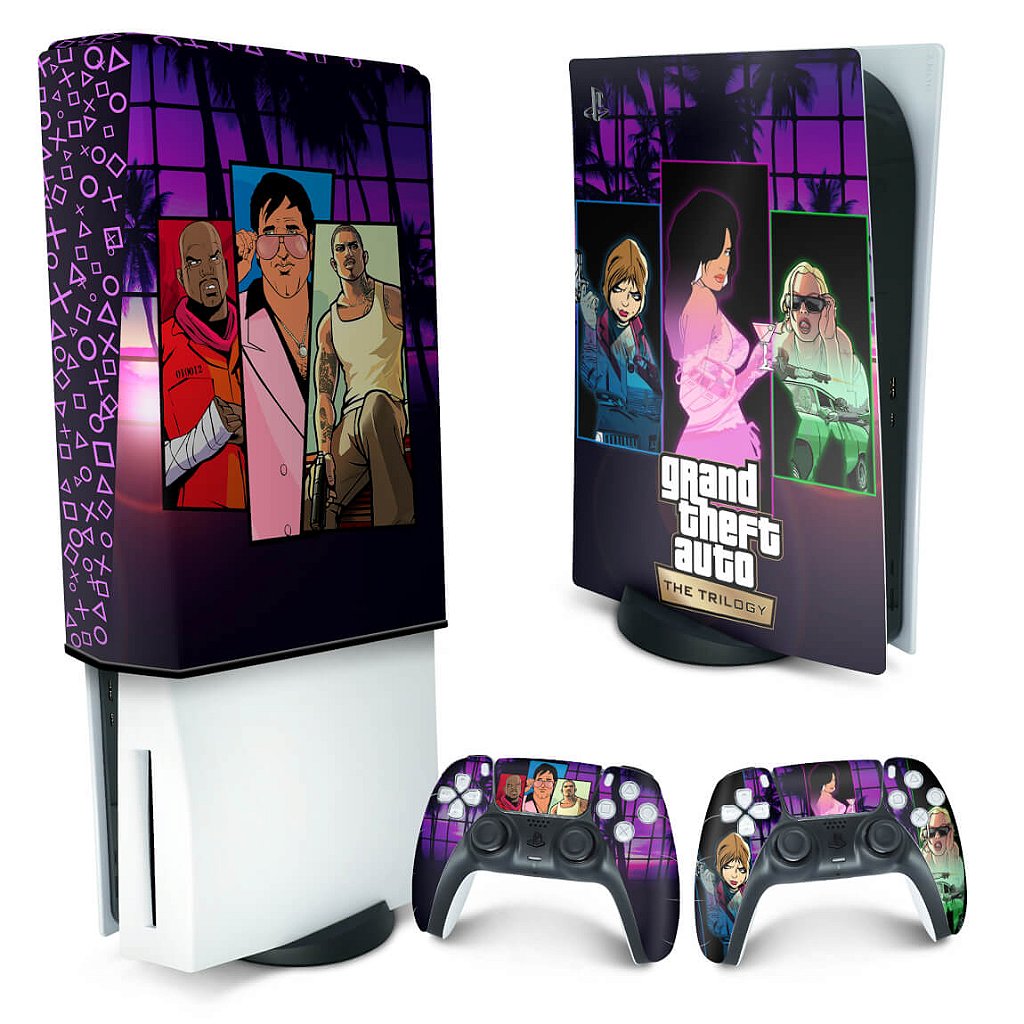 KIT Capa Anti Poeira e Skin Anti-Rage PS5 Fat Vertical - GTA The Trilogy