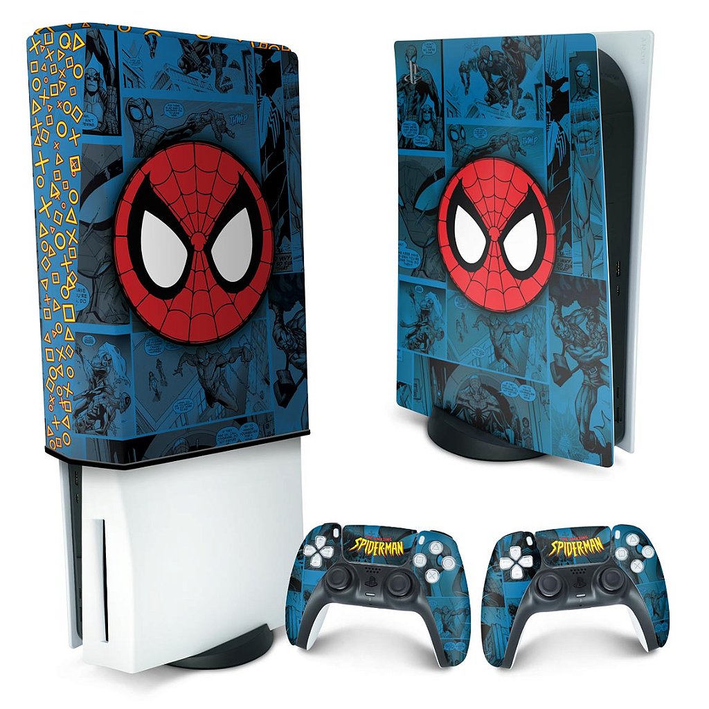 KIT Capa Anti Poeira e Skin Anti-Rage PS5 Fat Vertical - Homem-Aranha Spider-Man Comics