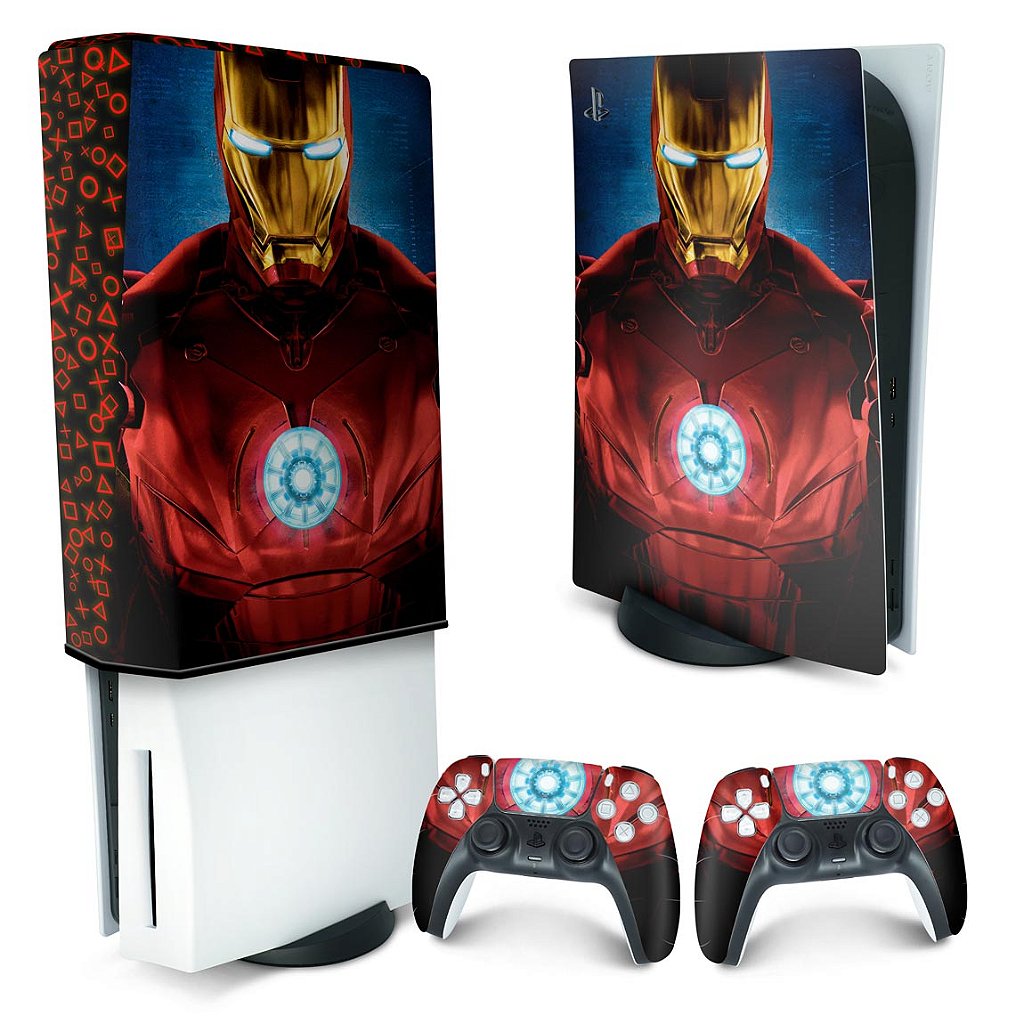 KIT Capa Anti Poeira e Skin Anti-Rage PS5 Fat Vertical - Iron Man Homem De Ferro - Pop Arte Skins