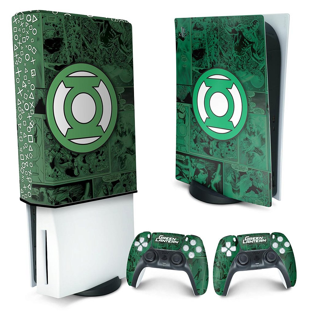 KIT Capa Anti Poeira e Skin Anti-Rage PS5 Fat Vertical - Lanterna Verde Comics