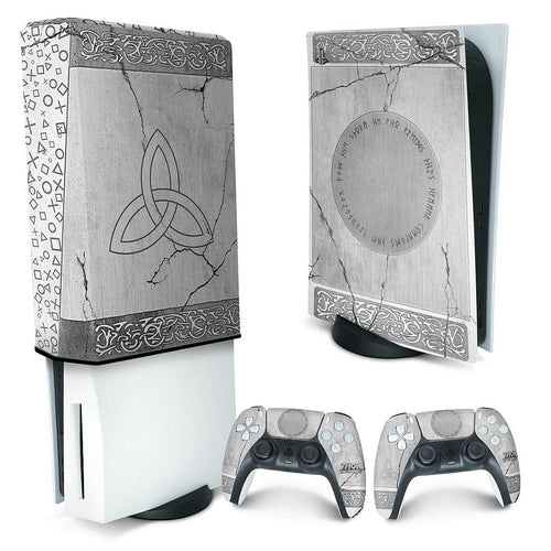 KIT Capa Anti Poeira e Skin Anti-Rage PS5 Fat Vertical - Mjolnir Thor Amor e Trovão