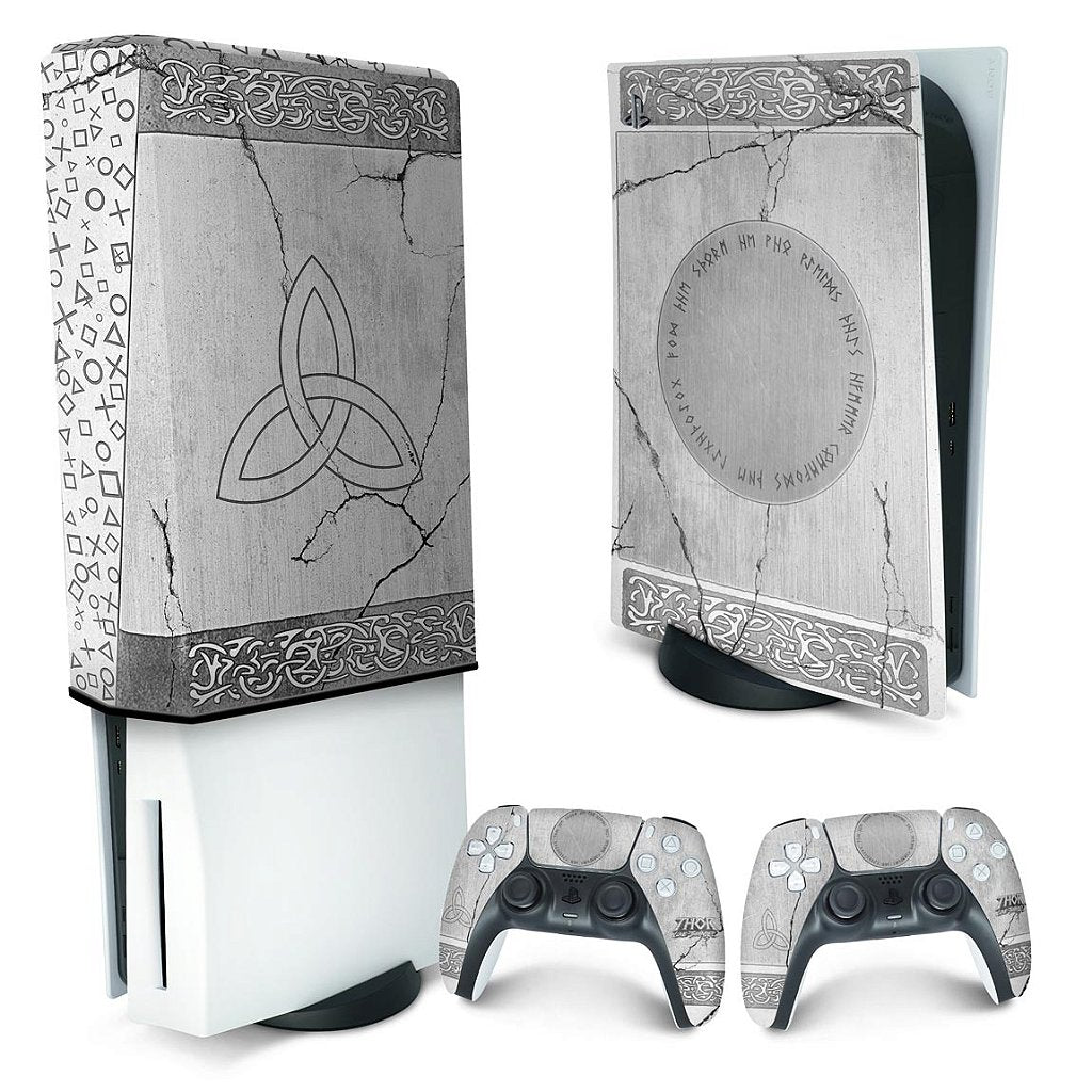 KIT Capa Anti Poeira e Skin Anti-Rage PS5 Fat Vertical - Mjolnir Thor Amor e Trovão