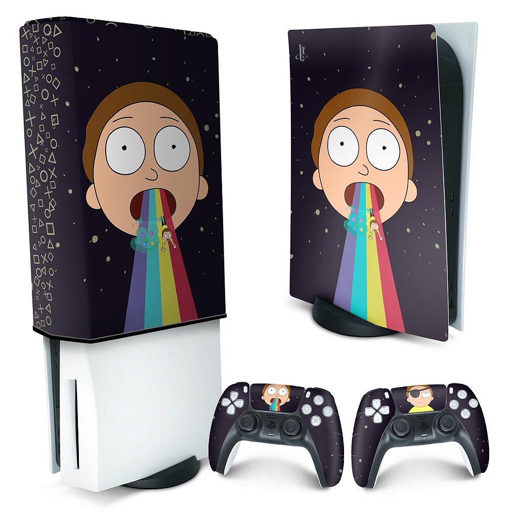 KIT Capa Anti Poeira e Skin Anti-Rage PS5 Fat Vertical - Morty Rick And Morty