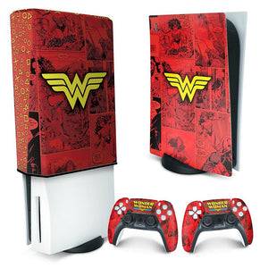 KIT Capa Anti Poeira e Skin Anti-Rage PS5 Fat Vertical - Mulher Maravilha Comics - Pop Arte Skins