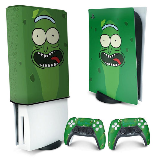 KIT Capa Anti Poeira e Skin Anti-Rage PS5 Fat Vertical - Pickle Rick And Morty