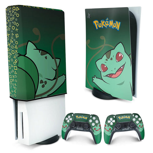 KIT Capa Anti Poeira e Skin Anti-Rage PS5 Fat Vertical - Pokemon Bulbasaur