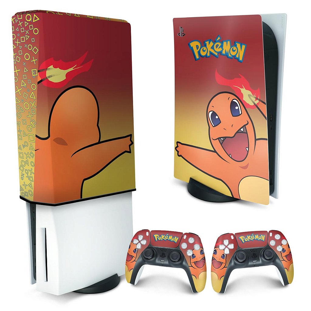 KIT Capa Anti Poeira e Skin Anti-Rage PS5 Fat Vertical - Pokemon Charmander