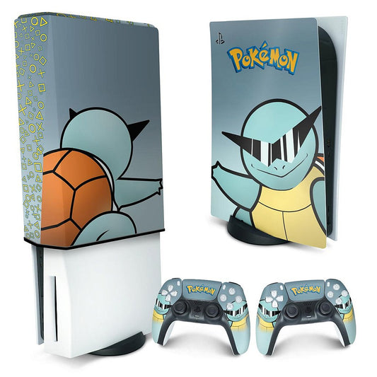 KIT Capa Anti Poeira e Skin Anti-Rage PS5 Fat Vertical - Pokemon Squirtle