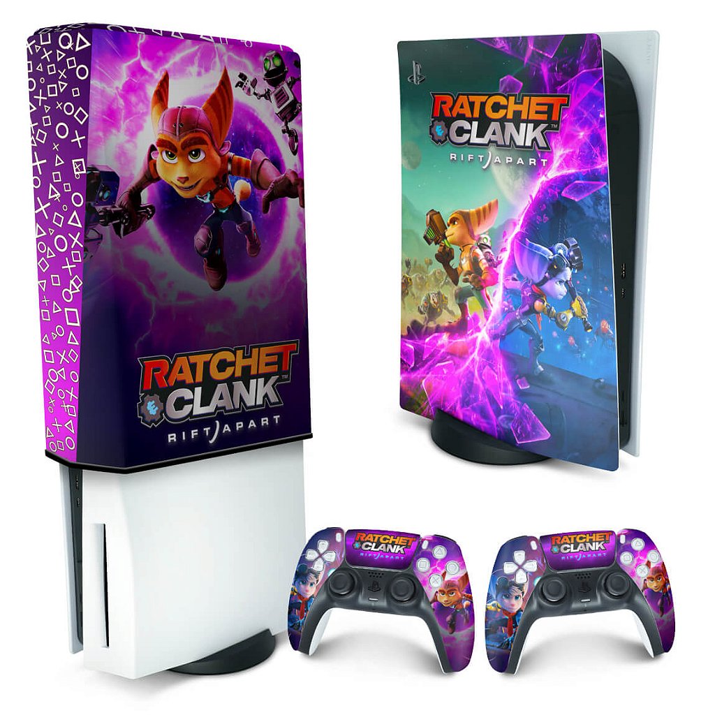 KIT Capa Anti Poeira e Skin Anti-Rage PS5 Fat Vertical - Ratchet & Clank Rift Apart