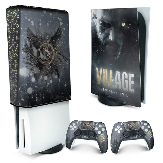 KIT Capa Anti Poeira e Skin Anti-Rage PS5 Fat Vertical - Resident Evil Village