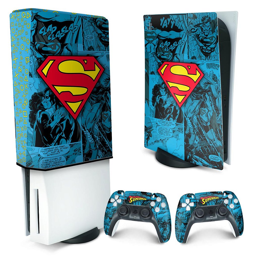KIT Capa Anti Poeira e Skin Anti-Rage PS5 Fat Vertical - Superman Comics