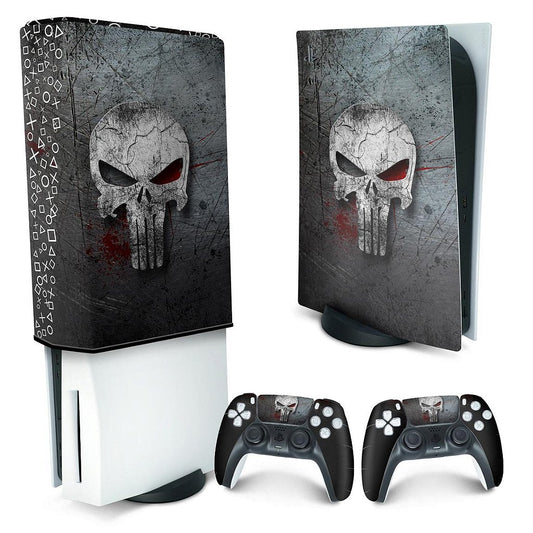 KIT Capa Anti Poeira e Skin Anti-Rage PS5 Fat Vertical - The Punisher Justiceiro
