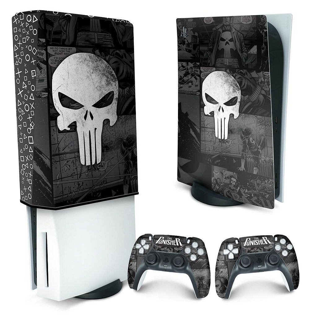 KIT Capa Anti Poeira e Skin Anti-Rage PS5 Fat Vertical - The Punisher Justiceiro Comics