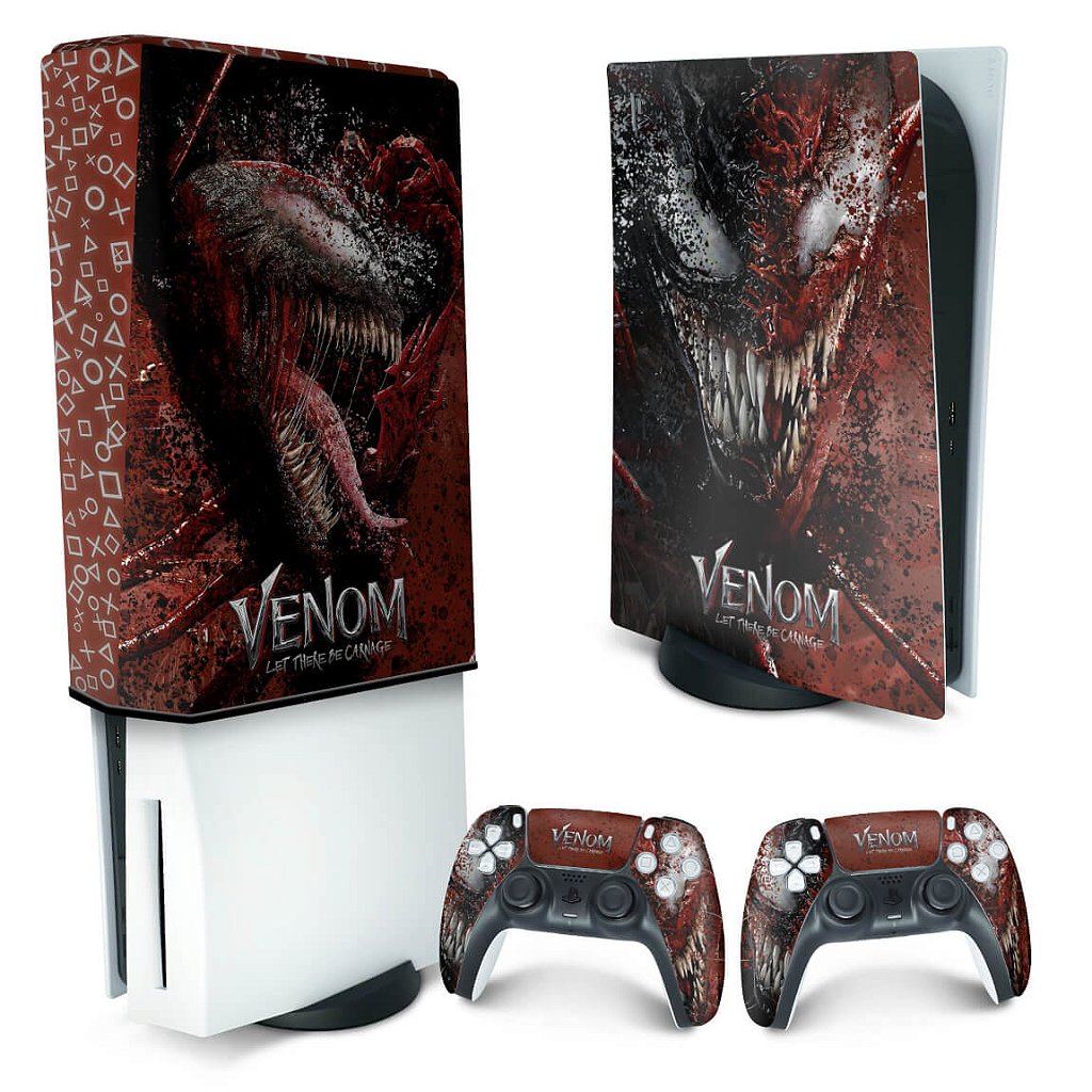 KIT Capa Anti Poeira e Skin Anti-Rage PS5 Fat Vertical - Venom Tempo de Carnificina
