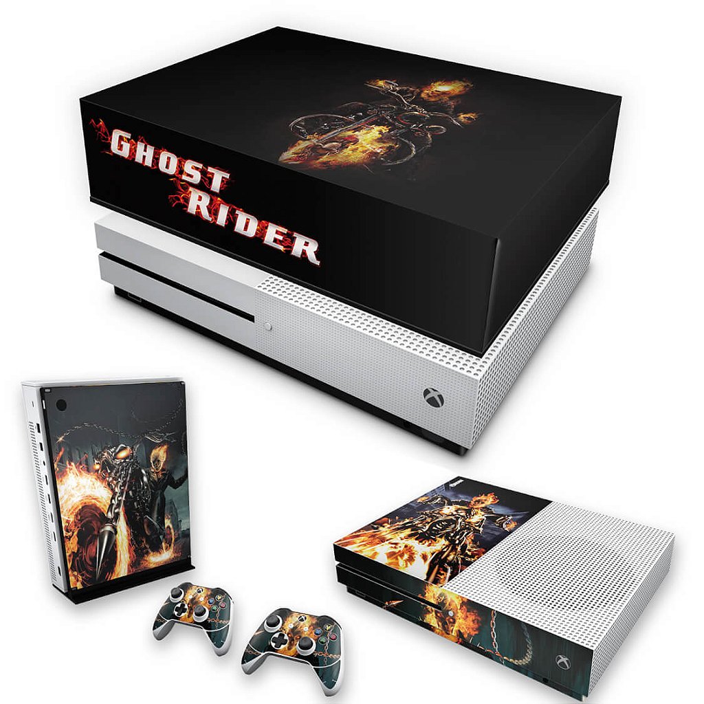 KIT Capa Anti Poeira e Skin Anti-Rage Xbox One S Slim - Ghost Rider - Motoqueiro Fantasma #A