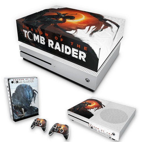 KIT Capa Anti Poeira e Skin Anti-Rage Xbox One S Slim - Shadow Of The Tomb Raider