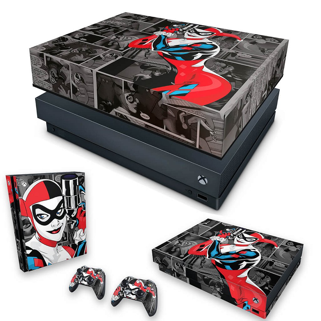 KIT Capa Anti Poeira e Skin Anti-Rage Xbox One X - Arlequina Harley Quinn #A