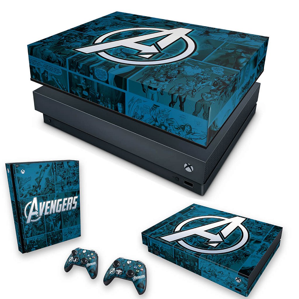KIT Capa Anti Poeira e Skin Anti-Rage Xbox One X - Avengers Vingadores Comics