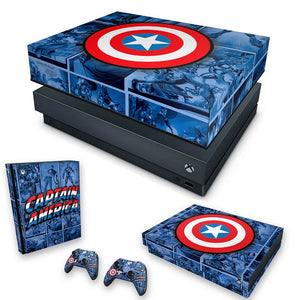 KIT Capa Anti Poeira e Skin Anti-Rage Xbox One X - Capitão América Comics