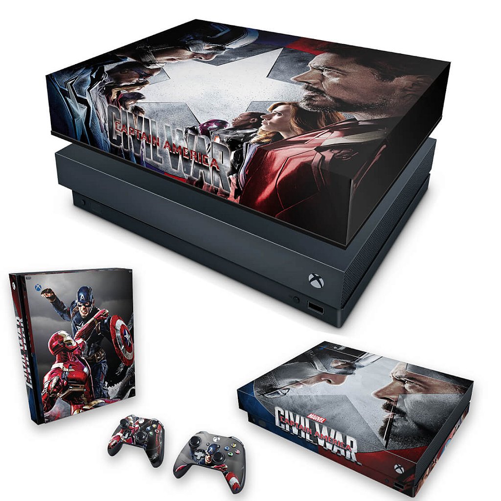 KIT Capa Anti Poeira e Skin Anti-Rage Xbox One X - Capitão America - Guerra Civil