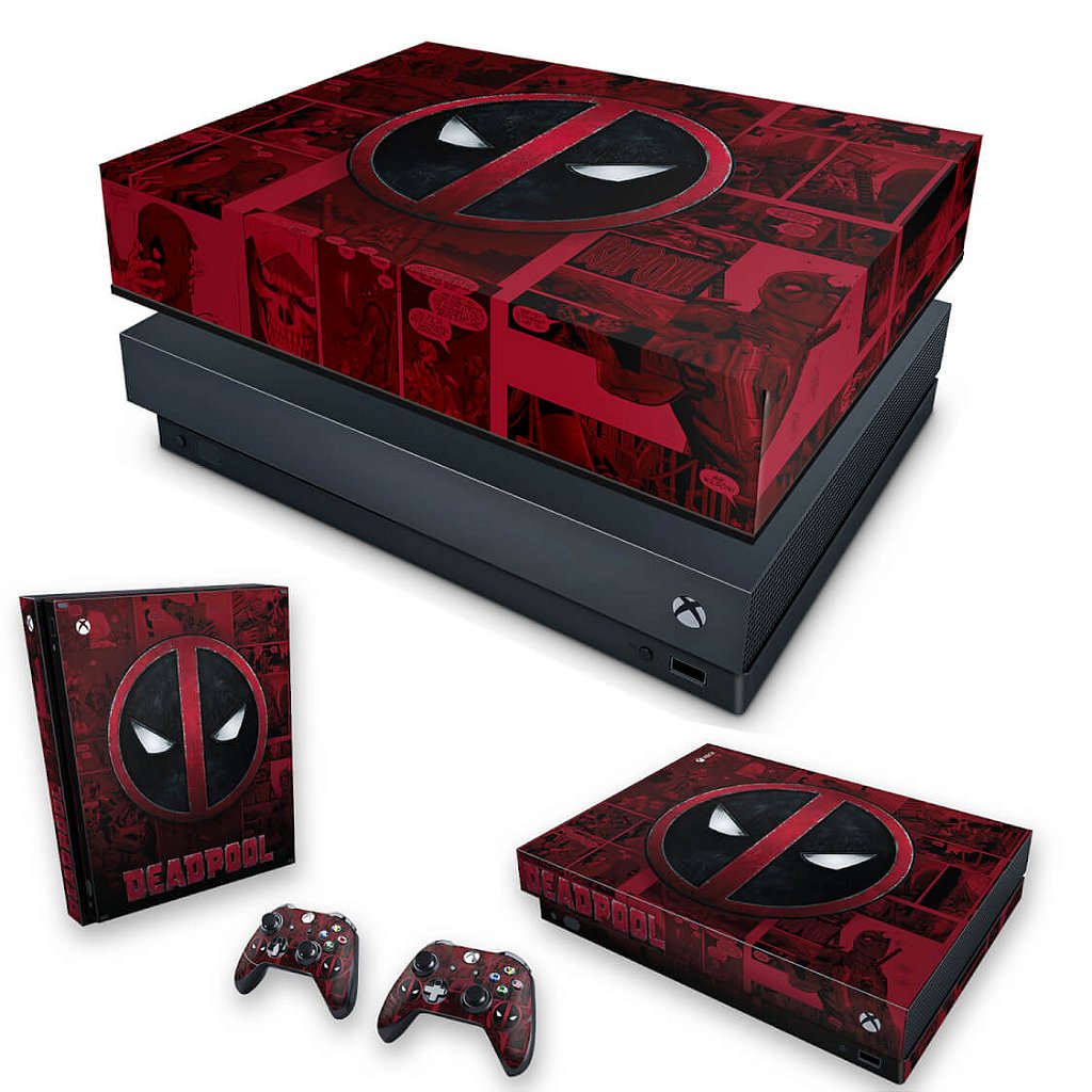 KIT Capa Anti Poeira e Skin Anti-Rage Xbox One X - Deadpool Comics