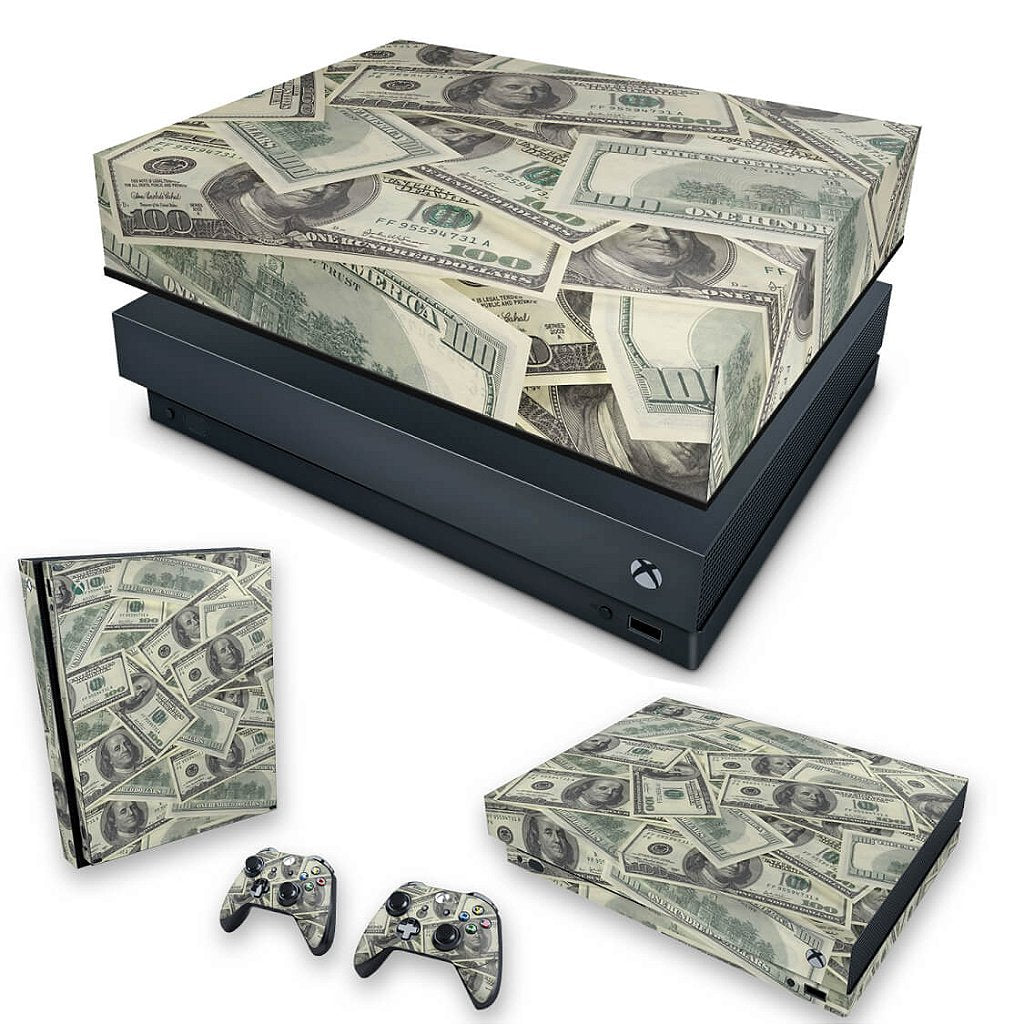 KIT Capa Anti Poeira e Skin Anti-Rage Xbox One X - Dollar Money Dinheiro
