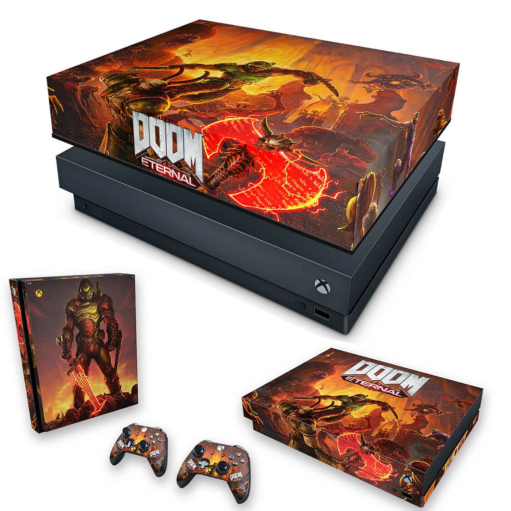 KIT Capa Anti Poeira e Skin Anti-Rage Xbox One X - Doom Eternal